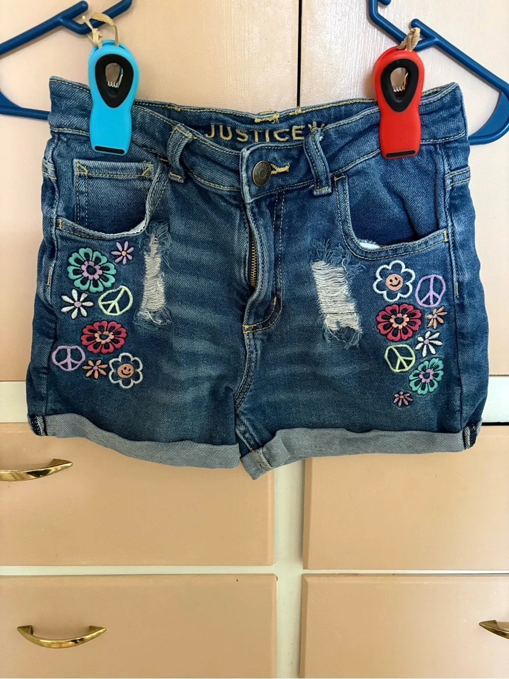 Justice Blue Denim Shorts with Gold Stitching